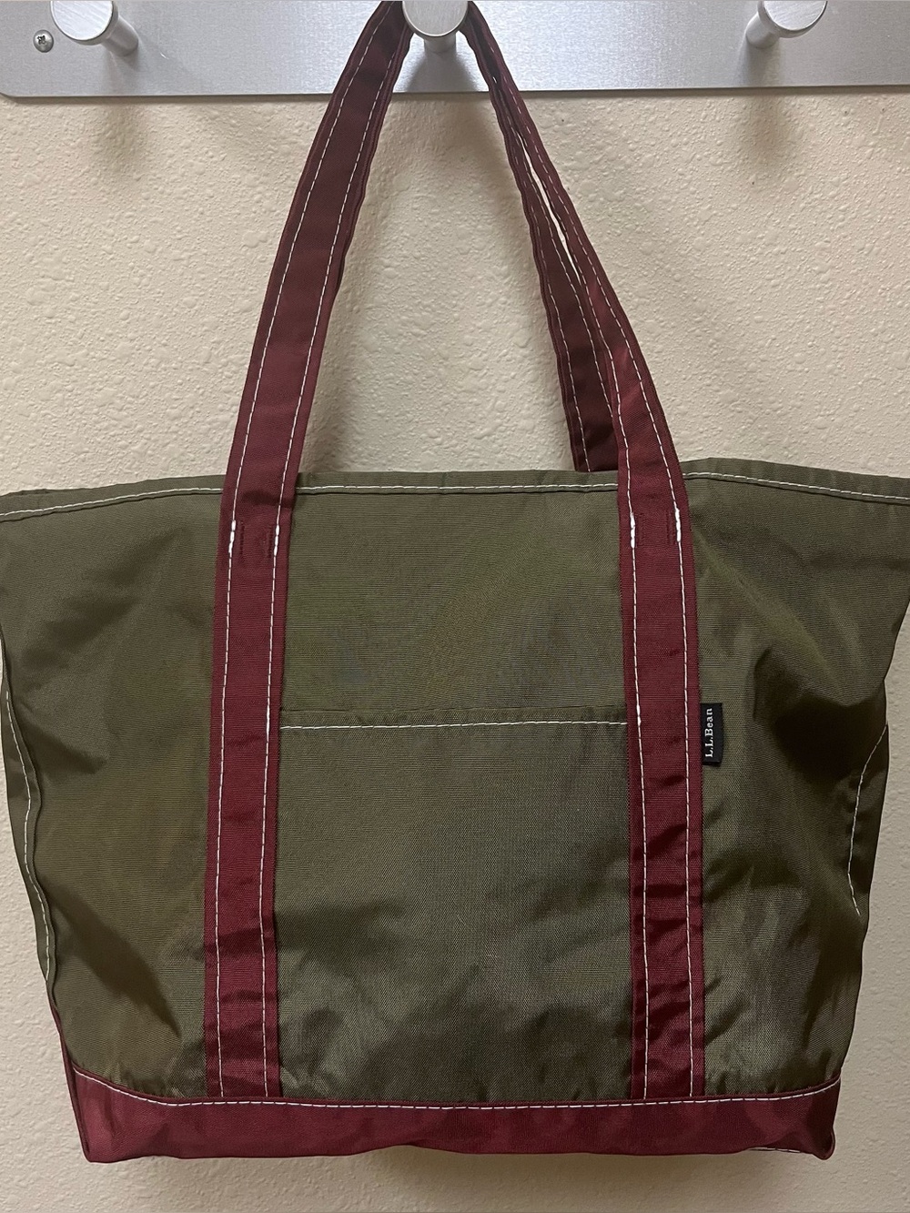 L.L. Bean Olive Green NylonTote with Burgundy Accents VINTAGE